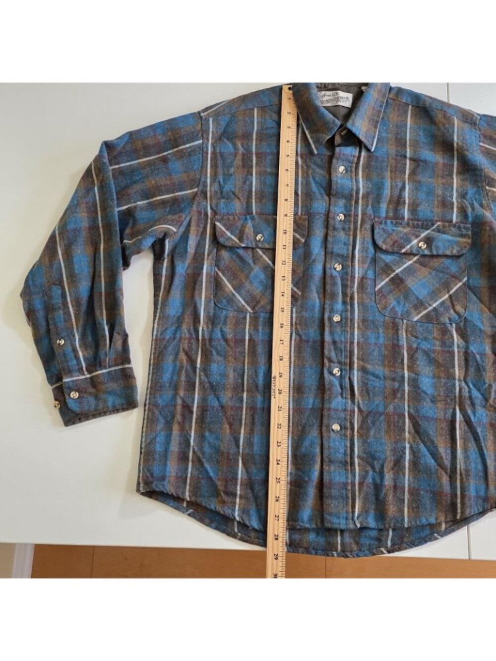 Vtg Sears Roebuck Flannel Shirt Men L Blue Plaid Wool Blend Single Needle Rugged - Picture 7 of 13